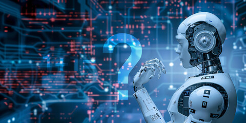 Robot explores futuristic technology in a global digital world thinking question