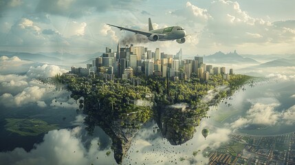 A city is floating in the sky with a plane flying above it
