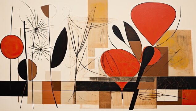 A painting of a tree with a red flower on it. The painting is abstract and has a lot of different colors