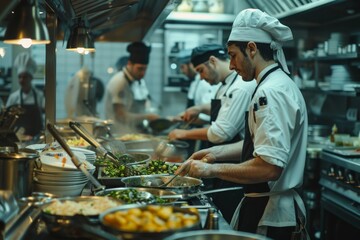 Kitchen Scenes: Head Chef Supervising Prep Work in a Busy Restaurant Kitchen