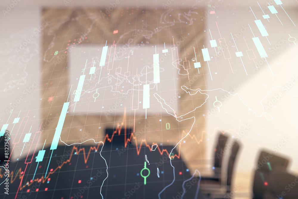 Poster multi exposure of virtual abstract financial chart hologram and world map on a modern meeting room b