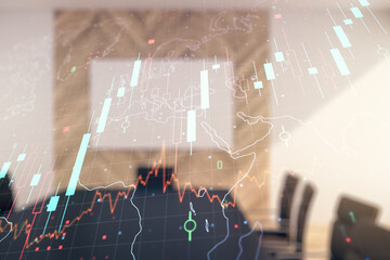 Multi exposure of virtual abstract financial chart hologram and world map on a modern meeting room...