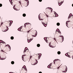Cute butterflies hand drawn watercolor seamless pattern. Animalistic design raster texture. Beautiful  creatures wallpaper design
