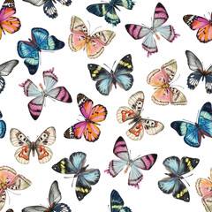 Cute butterflies hand drawn watercolor seamless pattern. Animalistic design raster texture. Beautiful  creatures wallpaper design