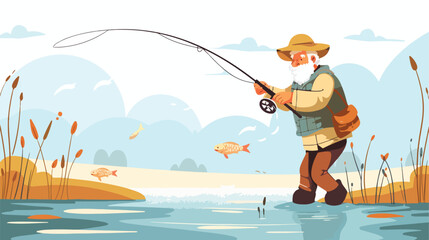 A old male fisherman catches fish and goes fishing.