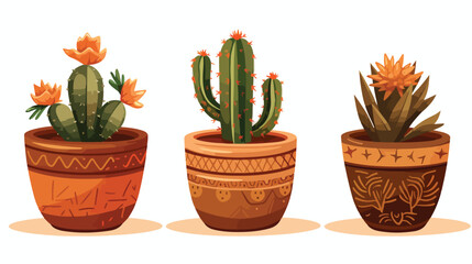 A set of 3D vector images of cacti in brown clay co