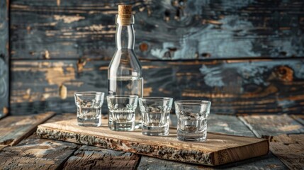 Vodka bottle with shot glasses on the Board. On wooden background.