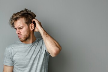 A man in a gray shirt holding his hair back. Suitable for hair care products advertising