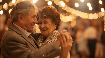 Senior man and woman in their 50s dancing gracefully at a vintage-themed dance hall, showcasing joy and activity in later life
