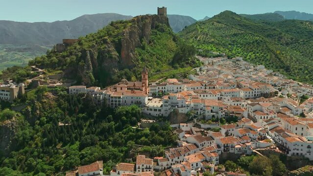 Aerial view of Zahara de la Sierra medieval town, Andalusia, Spain