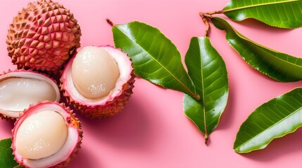 Top view of lychee on pastel background, banner style, copy space, isolated	
