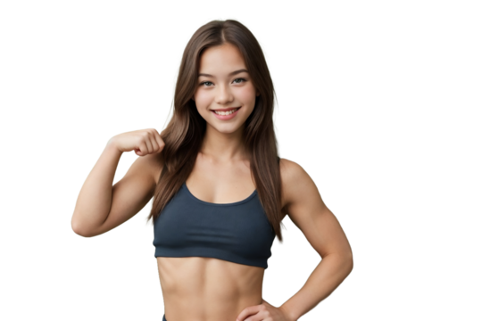 Fitness girl with a slim body showing her muscles, smiling and looking at the camera, isolated, transparent background, no background. PNG.