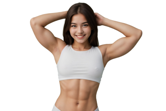 Fitness girl with a slim body showing her muscles, smiling and looking at the camera, isolated, transparent background, no background. PNG.