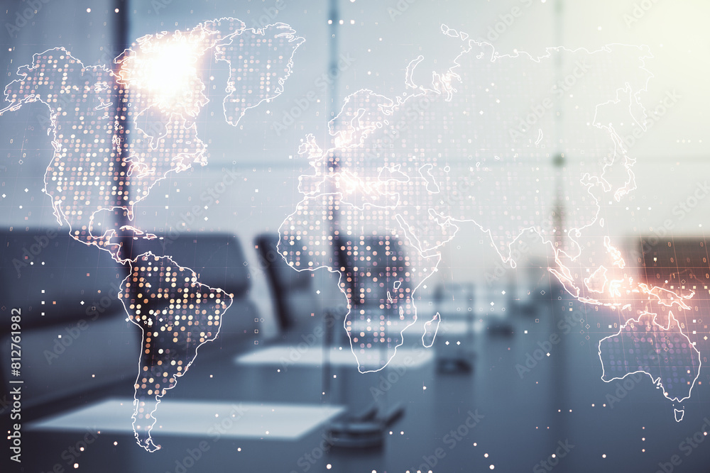 Aufkleber double exposure of abstract digital world map hologram on a modern boardroom background, big data an