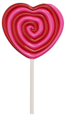 Heart colorful sweet lollipops isolated on white background. 3d realistic, swirl, colored sugar candies on stick. Pink lollipop. 3D png illustration.
