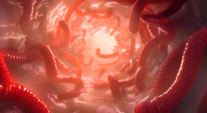 This captivating image offers a meticulously detailed 3D CGI visualization of E coli bacteria swimming through the intricate organic textures of the human gastrointestinal system Influenced by