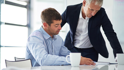 Business people, working and mentor paperwork with CEO, collaboration and corporate teamwork with...