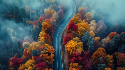 Aerial view for a car was driving along a winding asphalt road in a forest