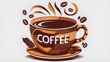 An illustration of a cup overflowing with coffee beans. The cup is a simple brown mug with a curved handle. Its beans are a rich brown color and spill out from the mug in a cascading fashion.