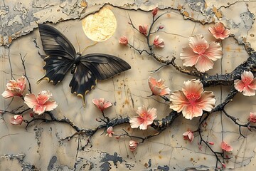 panel wall art, marble background flowers and butterfly silhouette