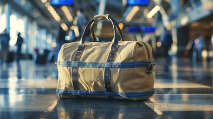 The Standout Presence of a Tan Duffle Bag with Blue Stripes in a Bustling Terminal