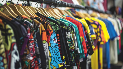 Display of graphic t-shirts featuring trendy designs and bold prints, capturing the dynamic essence of streetwear culture.