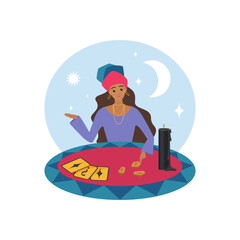 Gypsy fortune teller at round table laying out runes for predicting destiny vector illustration