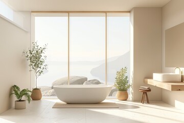 Minimalist Bathroom Mockup: A minimalist bathroom with clean lines, minimalistic fixtures, and ample storage