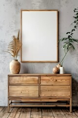 Rustic elegance in a modern loft wooden dresser and blank canvas await inspiration