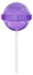 Round colorful purple sweet lollipops isolated on white background. 3d realistic, colored sugar candies on stick. 3D png illustration.