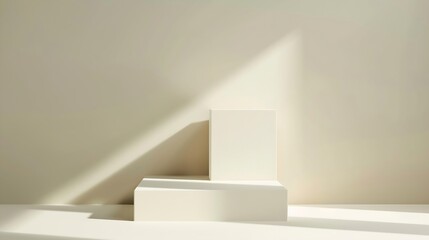 Empty white podium stage made with two white cubes on a beige backdrop Mockup scene for product presentation Studio photography Product showcase or display : Generative AI