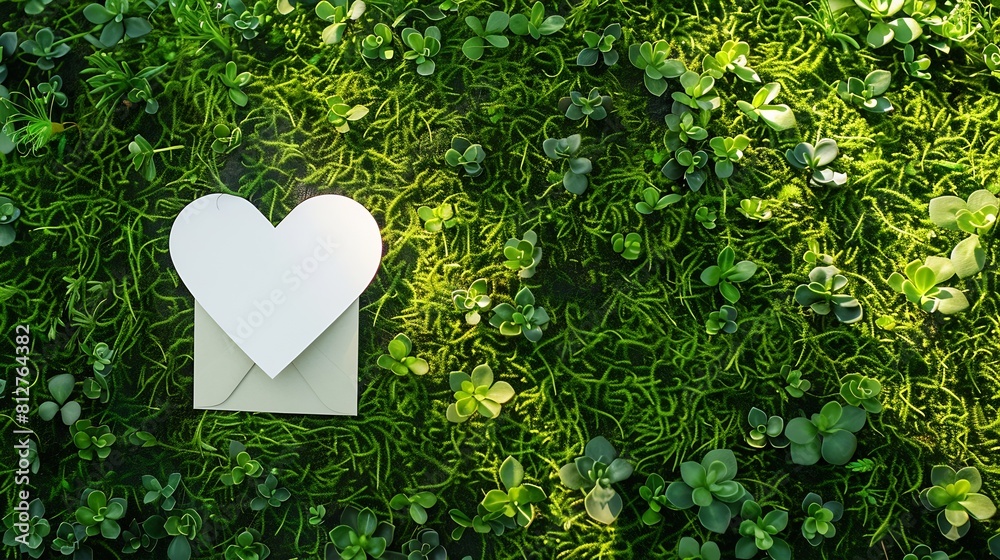 Poster creative layout made of heart card note on green grass moss background top view copy space advertisi