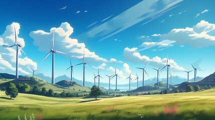 3D flat design visualization of a wind farm, focusing on the minimalistic style turbines in a rural setting - obrazy, fototapety, plakaty