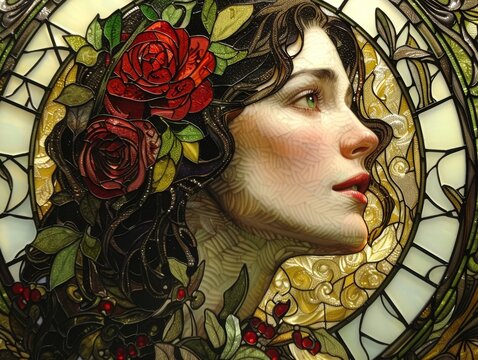Exquisite stained glass portrait of a young woman with flowing hair and red roses.