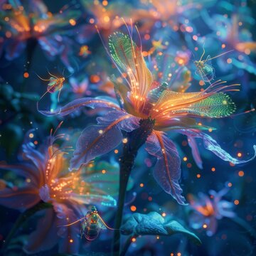Glowing flowers in a field at night. The flowers are blue, orange, and green, and they are lit up from the inside. The background is a dark blue sky with many stars.