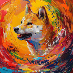 An artistic painting of a carnivorous dog breed captured in a circular illustration. The colorful artwork showcases the dogs detailed snout and creativity in the creative arts