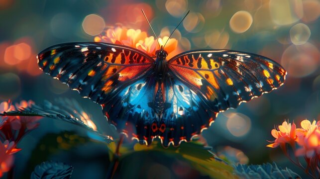 A beautiful butterfly with vibrant colors and intricate patterns on its wings is perched on a flower. The background is soft and out of focus, with a few blurry spots of light.