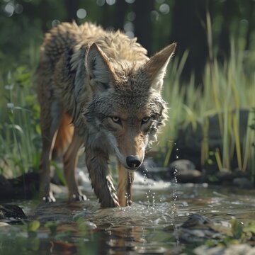 A beautiful wildlife photograph of a coyote in the wild, with a river in the background. The coyote is standing in the water, looking at the camera with an intense expression.