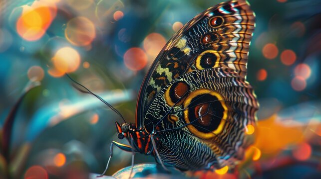 A beautiful Morpho butterfly with blue and yellow markings on its wings, perched on a green leaf. The background is blurred and has a bokeh effect.