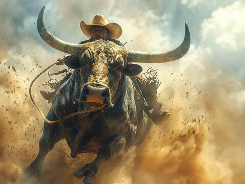 A cowboy is riding a bull in a rodeo