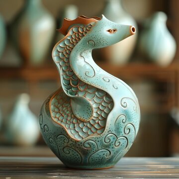 A ceramic sculpture of a dragon with blue and green glaze.