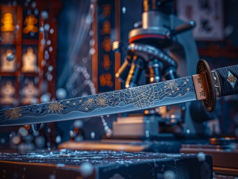 A samurai sword sits on a table in a dark room. The sword is sharp and looks like it could cut through anything.