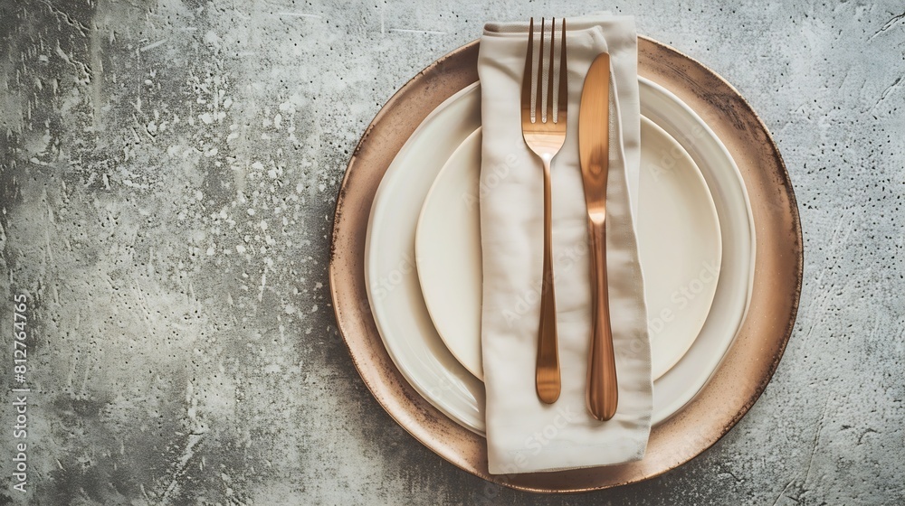 Poster from above sophisticated easter table setting featuring stacked ceramic plates rose gold cutlery and