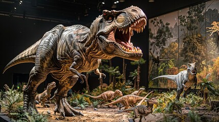 Exhibit a diorama depicting a battle between a Tyrannosaurus rex and a herd of fleeing herbivores, frozen in time for millions of years