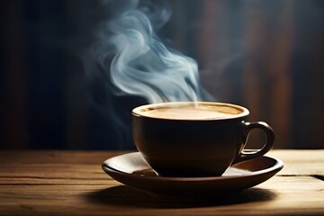 A steaming cup of rich espresso sitting on a rustic wooden table, with wisps of steam rising into the air. 