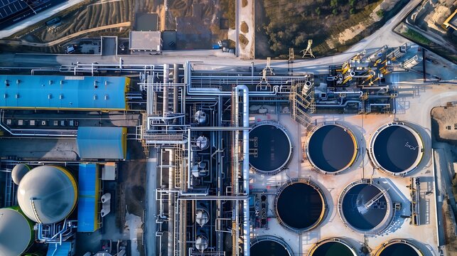 Aerial top view photo from flying drone of Power plant  Municipal Solid Waste Treatment Plant RDF Refuse Derived Fuel roof plan layout site : Generative AI