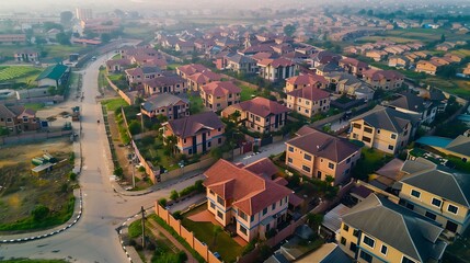 Fototapeta premium Aerial view of urban residential community with high density housing and lined roads Ogun State Nigeria : Generative AI