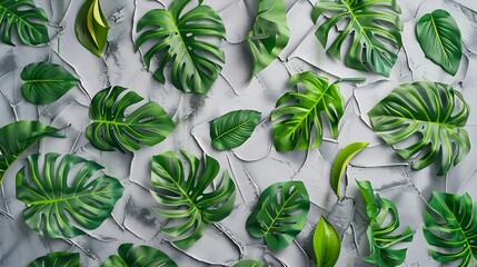 Leaf pattern Green tropical leaves on gray background Summer concept Flat lay top view copy space square : Generative AI