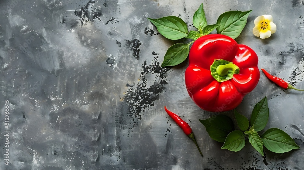 Poster red pepper with leaf and flower color card on gray background food healthy eating and dieting concep