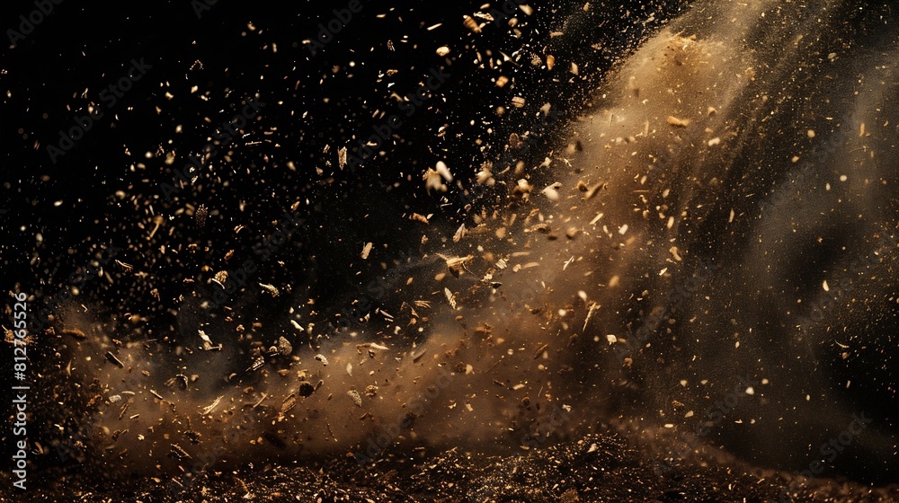 Leinwandbilder dynamic dust and wood chips on black background creative design layout with airborne dirt particles 